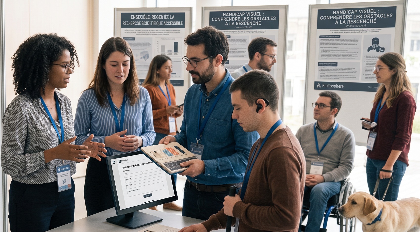 Image provisoire. Sur un stand de salon universitaire, un membre de l'association présente une plage braille à un jeune homme tenant une canne blanche ; un écran affiche un formulaire d'inscription. Autour d'eux, plusieurs visiteurs échangent, l'un se déplace en fauteuil roulant, un chien guide est couché près de la table. Au fond, des posters de recherche sur le handicap visuel.