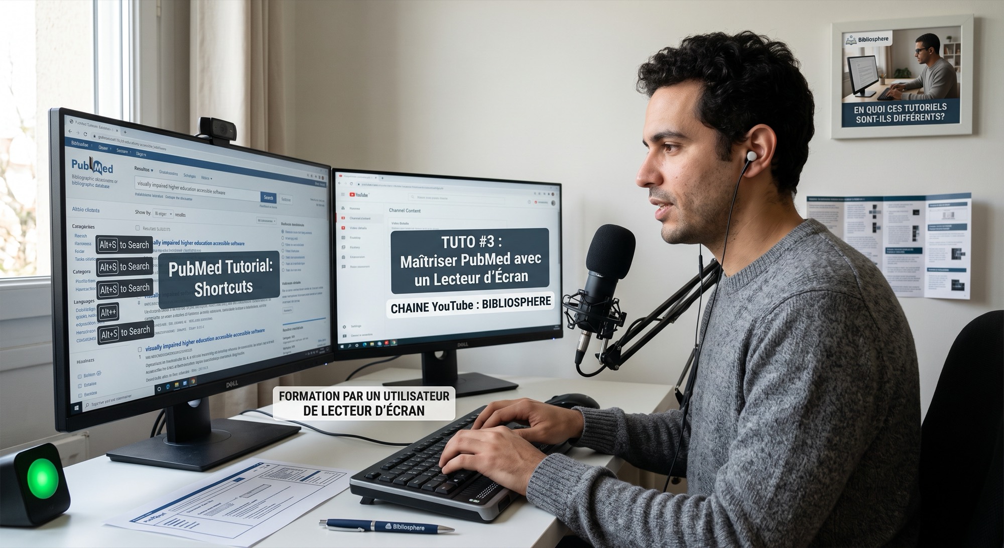 Image provisoire. Un homme portant une oreillette enregistre un tutoriel devant deux écrans, un micro de studio orienté vers lui. L'écran de gauche affiche une base de données bibliographique et des raccourcis clavier ; celui de droite, l'interface d'une chaîne vidéo où se lit le titre de l'épisode : maîtriser cette base avec un lecteur d'écran.