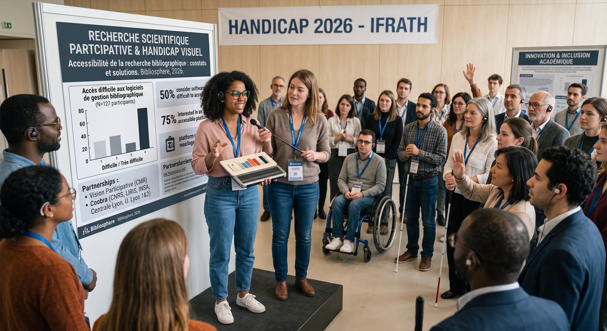 Image provisoire. Lors d'un congrès consacré au handicap, deux femmes présentent un poster scientifique devant une trentaine de participants : l'une tient une plage braille, l'autre un micro. Le poster porte sur l'accessibilité de la recherche bibliographique et montre le graphique de l'enquête menée auprès de cent vingt-sept participants. Dans l'assistance, plusieurs personnes tiennent une canne blanche, l'une se déplace en fauteuil roulant.