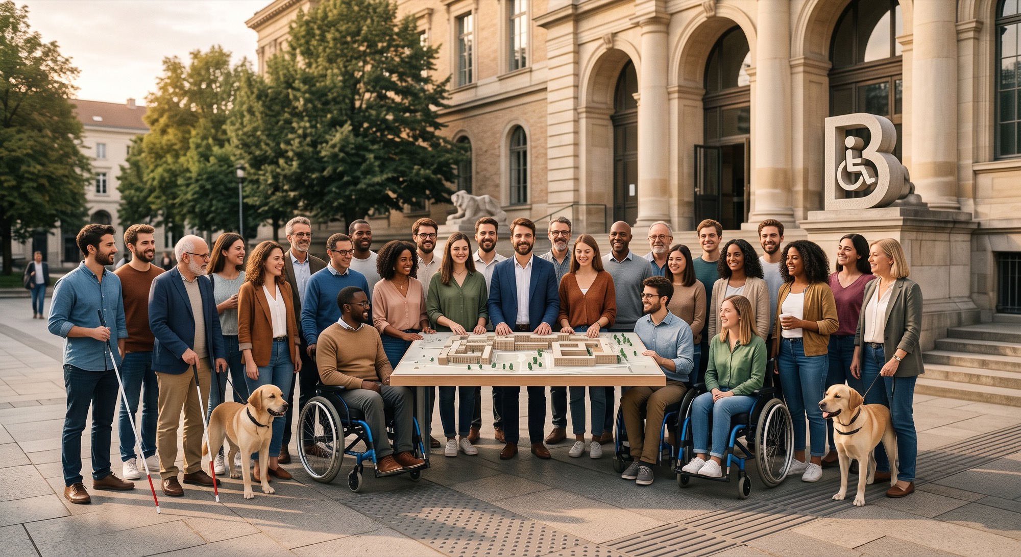 Image provisoire. Une trentaine de personnes réunies devant un bâtiment universitaire autour d'une maquette tactile posée sur une table : certaines tiennent une canne blanche, deux sont accompagnées d'un chien guide, deux se déplacent en fauteuil roulant.