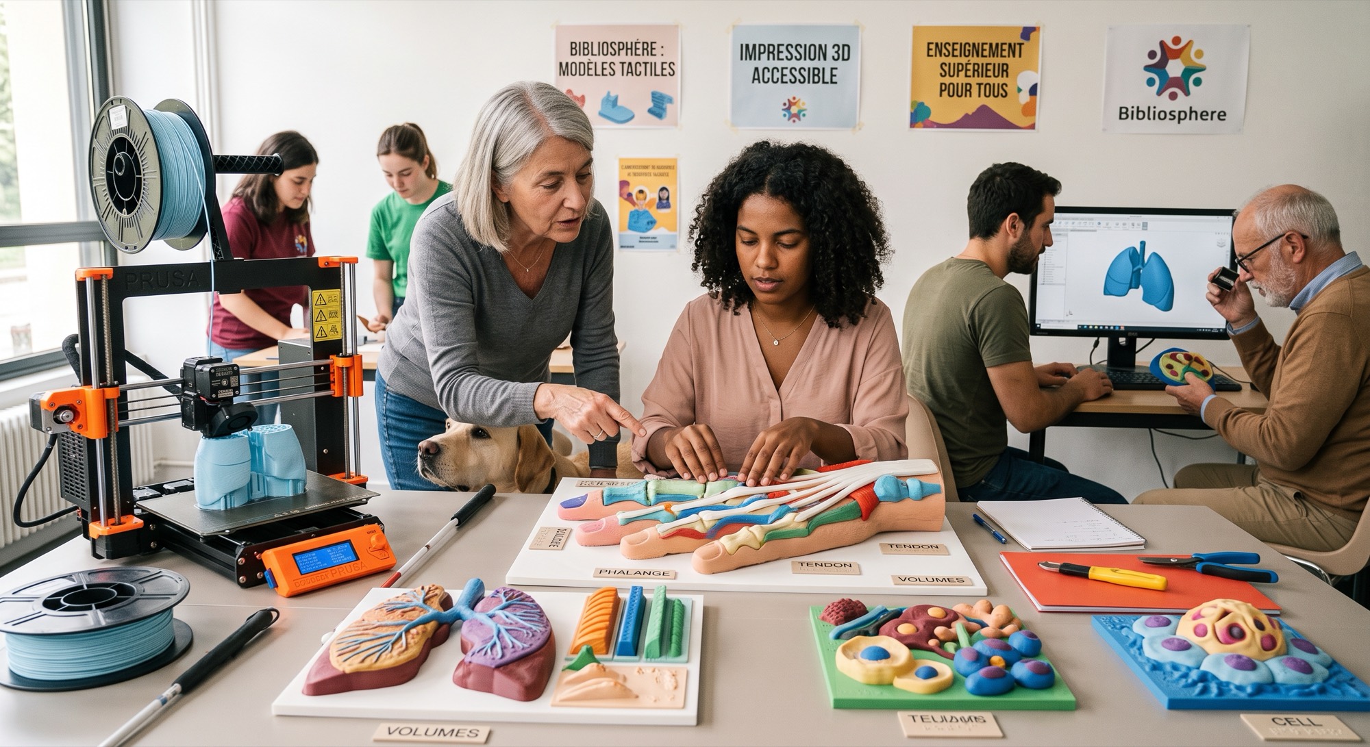 Image provisoire. Dans un atelier, une étudiante explore du bout des doigts une grande maquette en relief de la main : phalanges, tendons et ligaments y sont modelés en couleurs contrastées et désignés par des étiquettes. Une formatrice, penchée à côté d'elle, lui indique une zone du modèle. Sur la table, d'autres maquettes tactiles — poumons, coupes de cellules — et une canne blanche ; un chien guide est couché sous le plan de travail. À gauche, une imprimante 3D en cours d'impression.