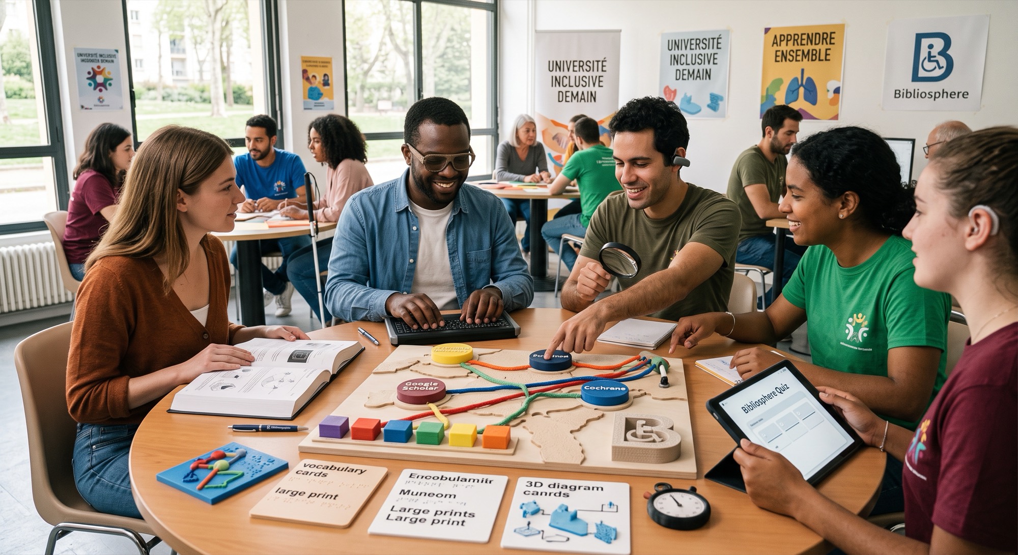 Image provisoire. Autour d'une table de salle de cours, six étudiants travaillent ensemble sur un plateau de jeu tactile : un parcours en relief relie des pastilles nommées d'après des bases de données bibliographiques. L'un d'eux saisit sur un clavier braille, une autre suit la partie sur une tablette où s'affiche l'application de quiz de l'association ; devant eux, des cartes en braille et en gros caractères. Une canne blanche est appuyée contre une table voisine.