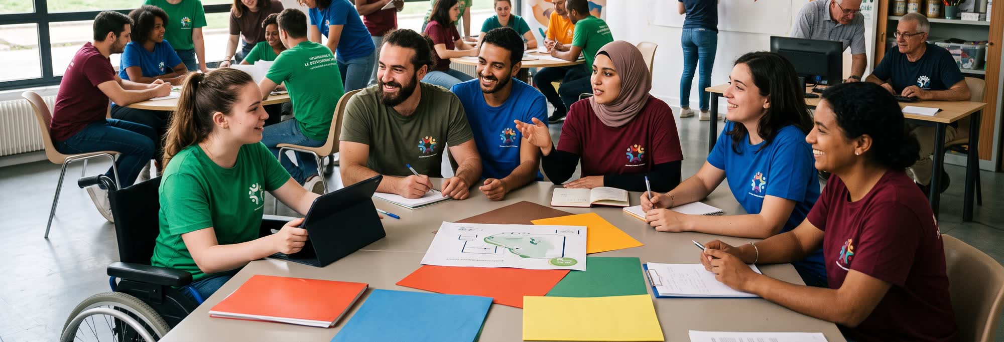 Image provisoire. Une dizaine de personnes réunies autour d'une table de travail, échangeant sur des documents et des plans ; l'une d'elles se déplace en fauteuil roulant. D'autres groupes travaillent en arrière-plan.