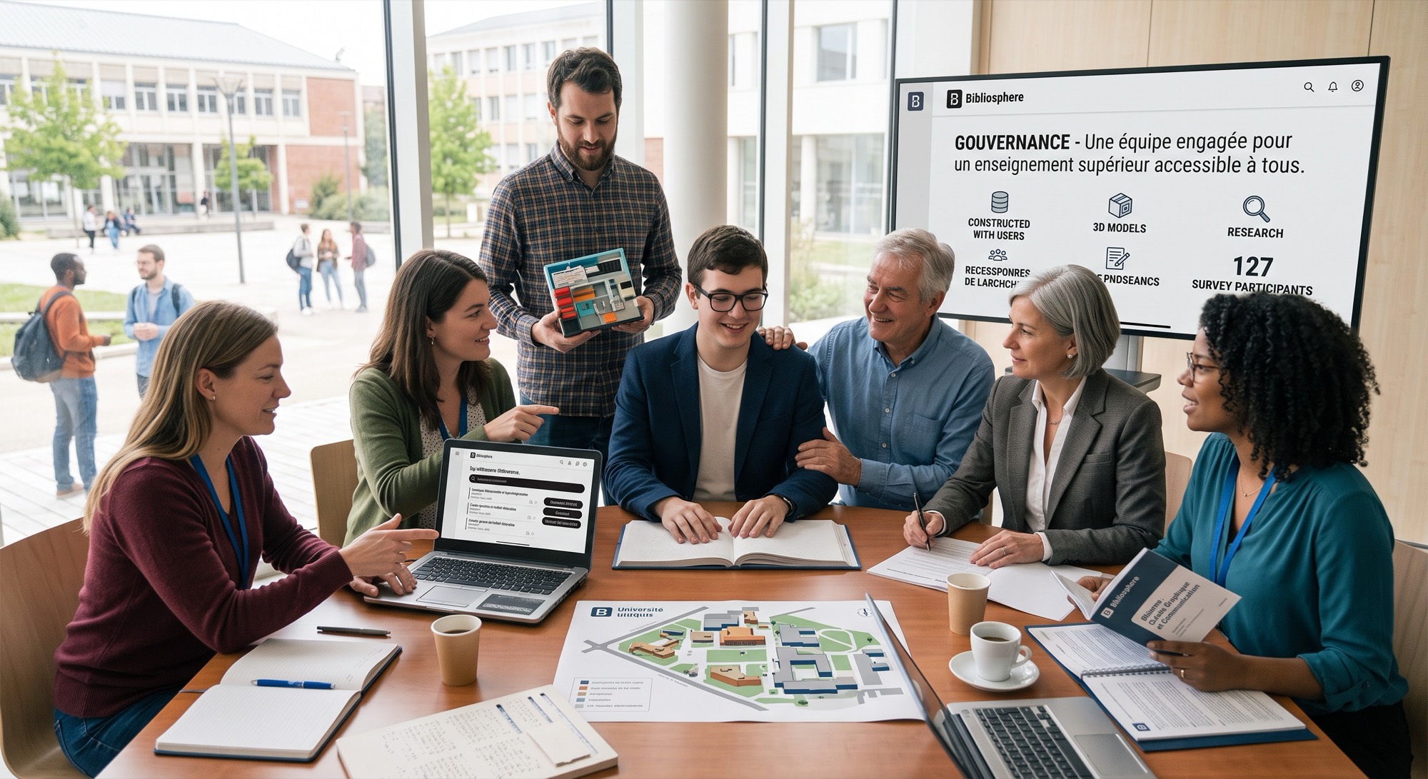 Image provisoire, ne représentant pas les membres du conseil d'administration. Sept personnes sont réunies autour d'une table de réunion dans un bâtiment universitaire : l'une d'elles présente une maquette tactile, un livre en braille est ouvert au centre de la table, un plan de campus en relief est déplié. Au mur, un écran affiche une présentation de la gouvernance de l'association.